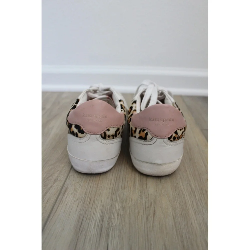 Kate Spade White Leather Leopard Calf Hair‎ Pink Trim Low Top Sneakers Size 8.5